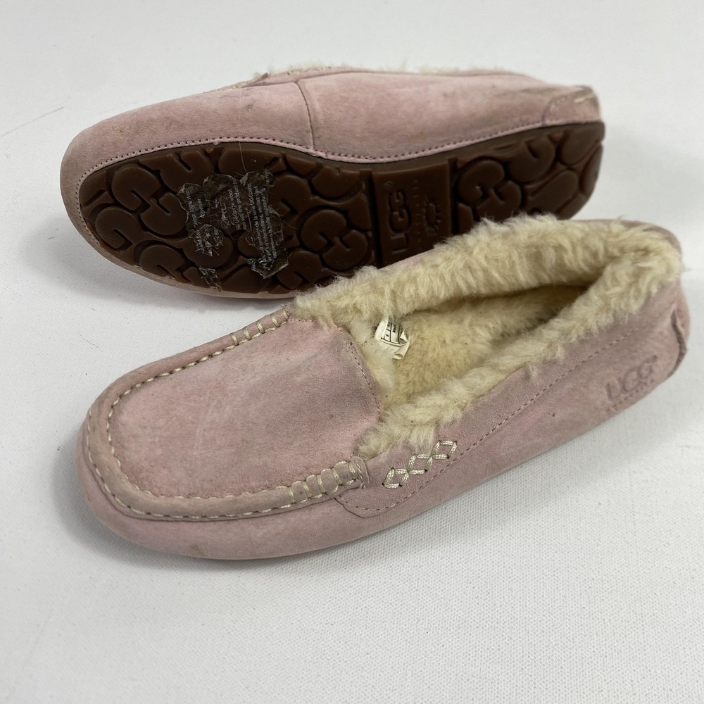 UGG Australia Shoes Womens Size 6 Pink Suede Shearling Fur Moc Slippers Loafers